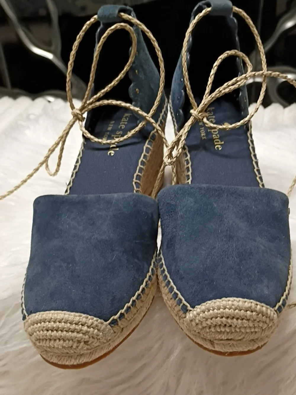 kate spade New York Polly Blazer Blue Suede Espadrille Wedge Lace-Up Shoes Flaw